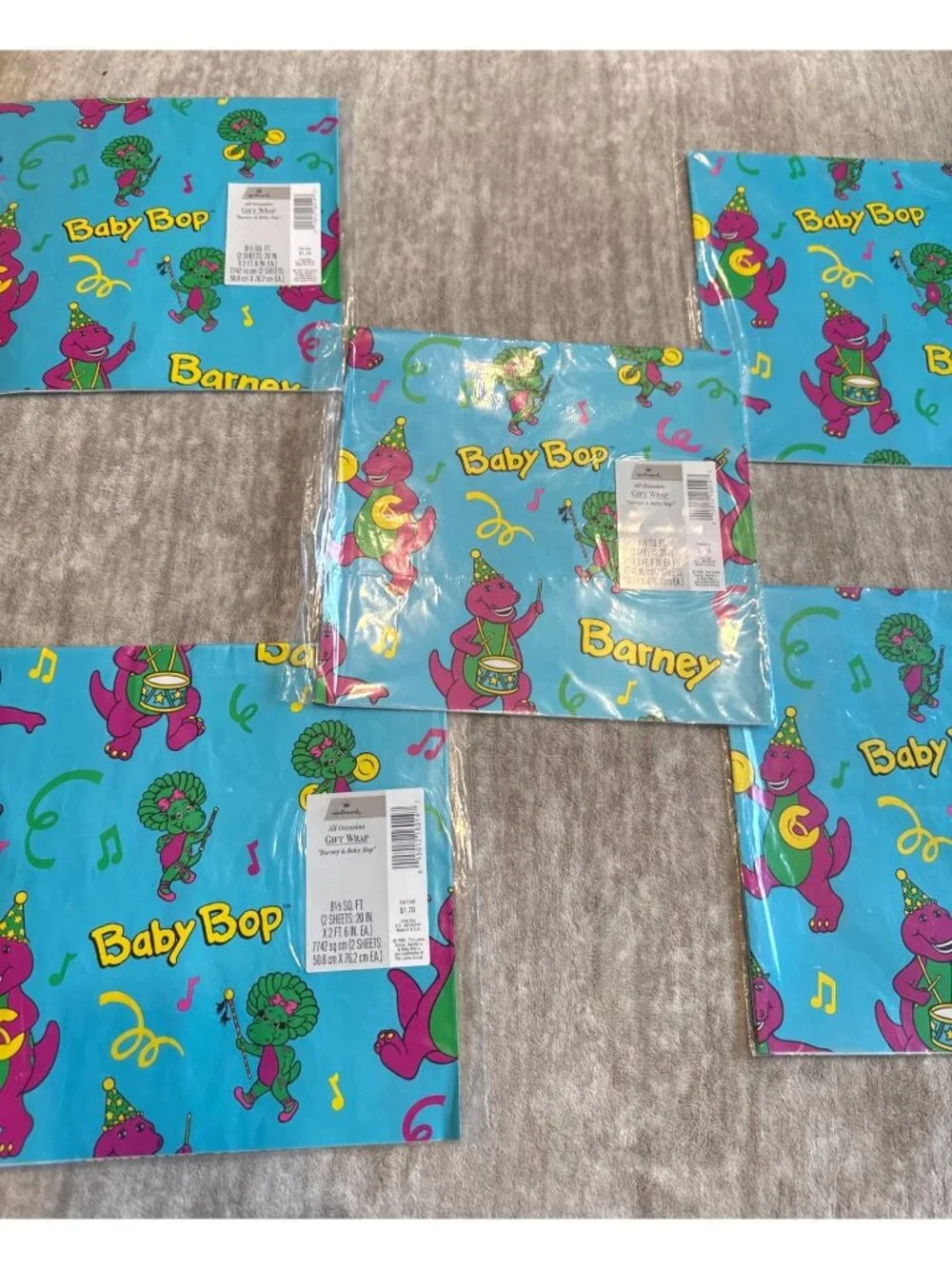 Vintage Barney Baby Bop 1993 Hallmark Gift Wrap Lot of 5 Brand New